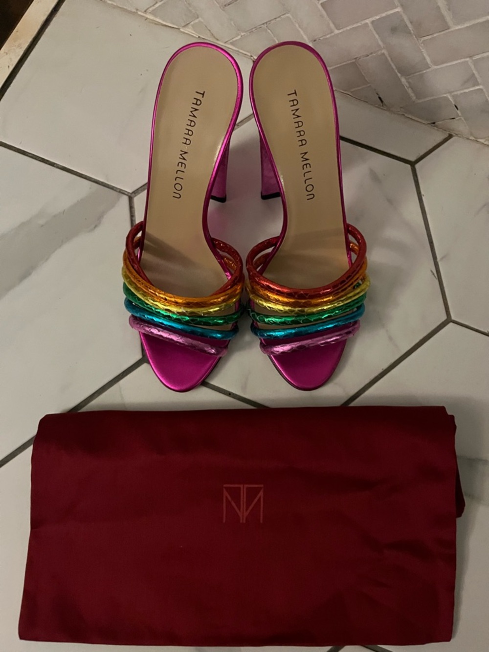 Tamara Mellon Metallic Hot Pink Heels with Rainbow Straps
